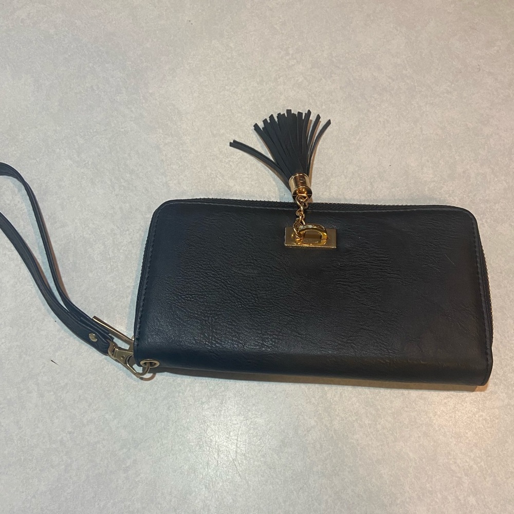 Black womens wallet with gold accents
